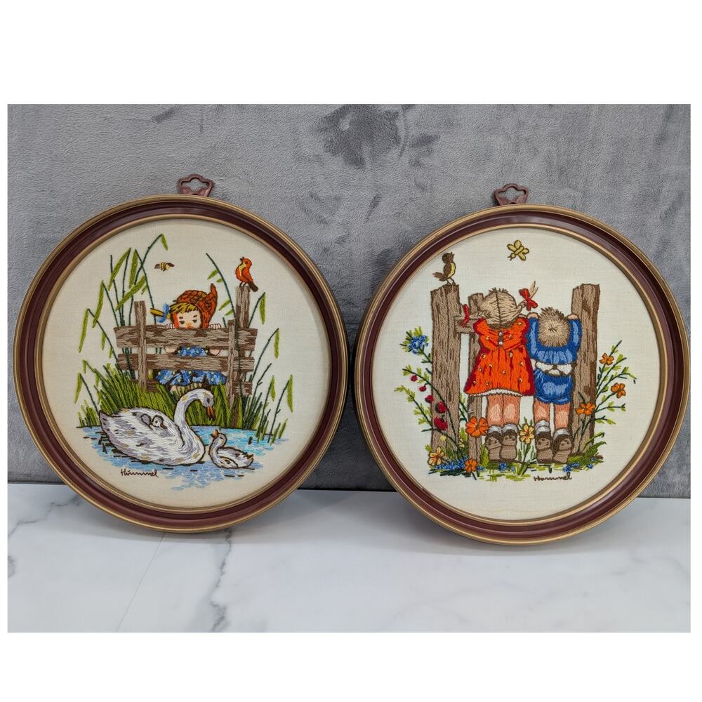 Vtg pair of Hummel hand embroidered Needlework 1970's swan fence kids